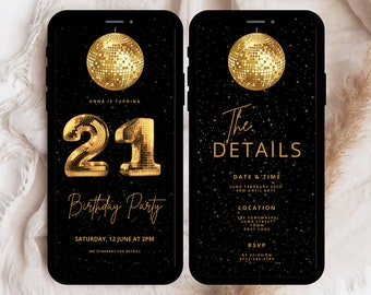 Plantilla de invitación para fiesta de cumpleaños número 21, invitación para fiesta de cumpleaños número 21 en estilo disco, invitación editable para cumpleaños número 21, invitación digital para cumpleaños número 21