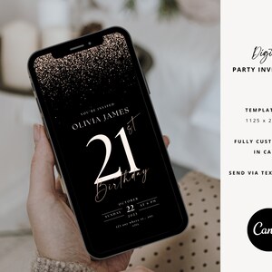 May include: A black digital invitation with gold glitter and the text "You're Invited Olivia James 21st Birthday" with the date and time of the event.