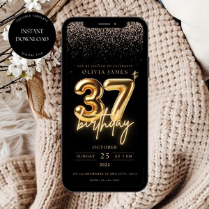 Digital 37th Party Invitation Template, Editable 37th Birthday Invitation, Black Gold Party, 37th Birthday Invite, 37th Dinner Party Invite
