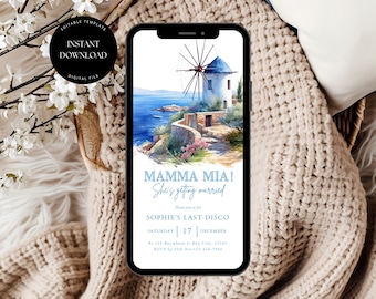 Mamma Mia vrijgezellenfeest uitnodiging sjabloon, Mamma Mia Dancing Queen vrijgezellenfeest uitnodiging, laatste disco uitnodiging, Griekenland vrijgezellenfeest