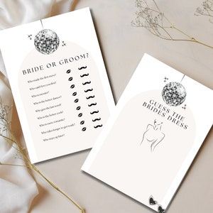 Op de afbeelding: Twee printbare spelkaarten voor een bruidsdouche. De eerste kaart heeft de tekst "Bruid of Bruidegom?" en een lijst met vragen. De tweede kaart heeft de tekst "Raad het bruidsjurk" en een silhouet van een persoon die een jurk draagt.