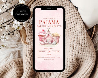 Galentins Pyjama-Party Einladung, bearbeitbare Pyjama-Einladung, Galentins Pyjama einladen, Galentins Party einladen, PJ-Party einladen