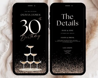 Black & Rose Gold 30th Birthday Digital Invitation (Canva Template)