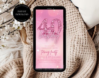 Roze neon uitnodiging voor een 40e verjaardag, bewerkbare digitale uitnodiging