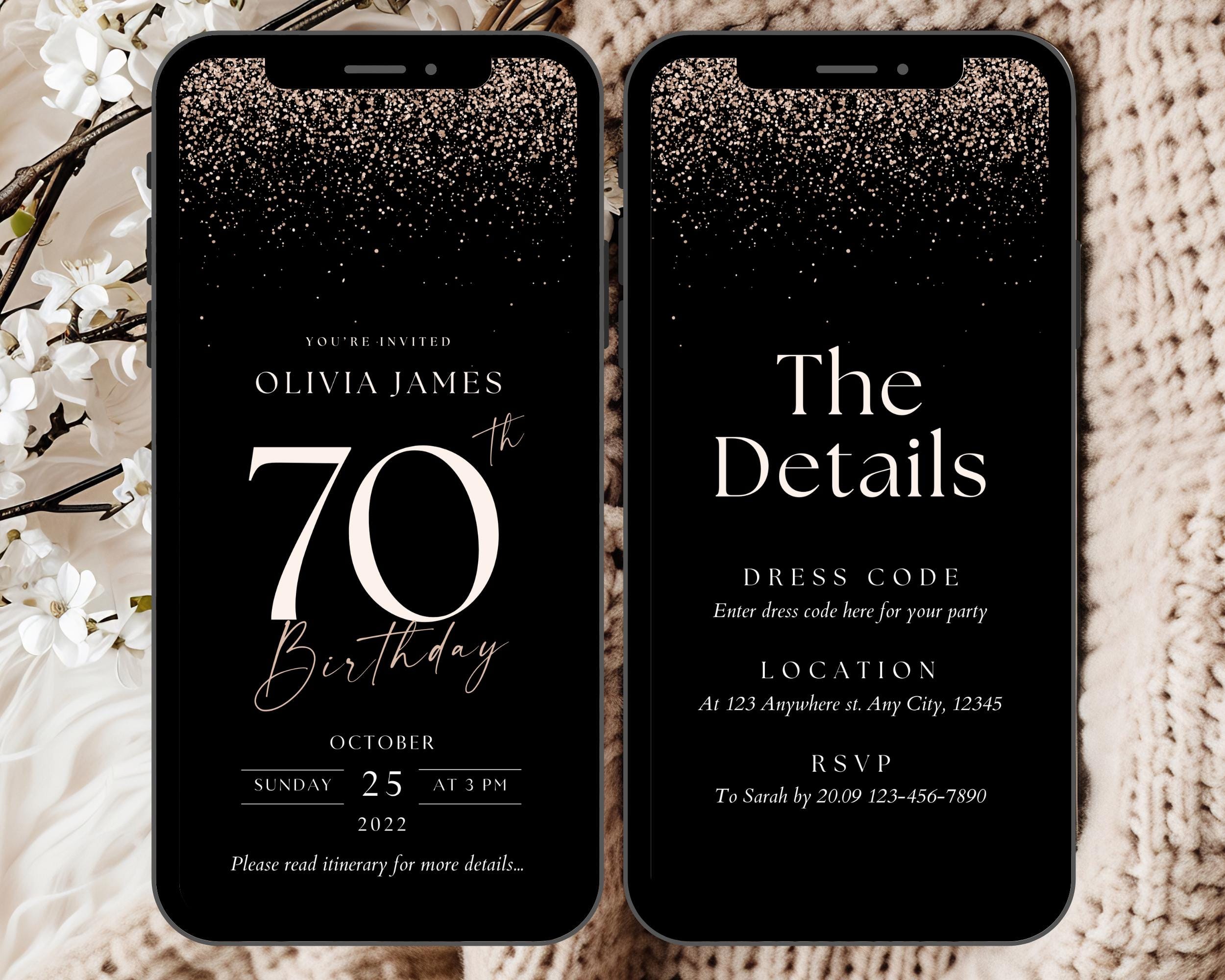 70th Glitter Birthday Party Invitation Template, 70th Birthday Invitation,  70th Digital Birthday Invitation, 70th Glitter Party Invite EM - Etsy