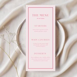 Modelo de menu de casamento minimalista rosa, modelo de menu de chá de panela em rosa, modelo de menu moderno editável, menu de chá de panela para impressão