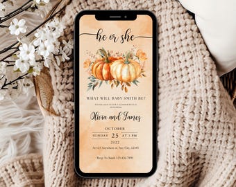 May include: A digital invitation for a gender reveal party with a watercolor background featuring two pumpkins and fall foliage. The text reads "He or She? What will Baby Smith be? Please join us for a gender reveal honoring Olivia and James. Sunday, October 25 at 3 PM 2022. At 123 Anywhere st. Any City, 12345. Rssp To Sarah 123-456-7890."