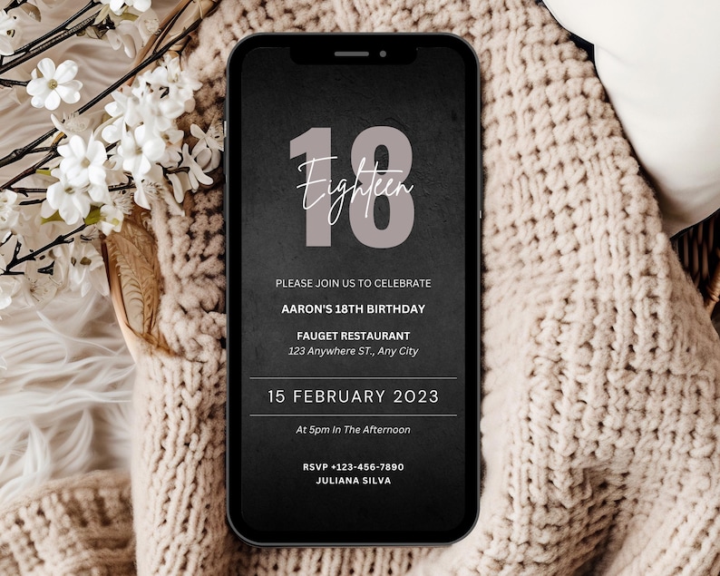 May include: Black and white digital invitation with a pink number 18 and the text "Eighteen" on a black background. The invitation text includes the details for Aaron's 18th birthday party, including the date, time, location, and RSVP information.