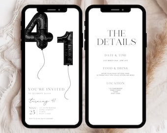 41st Birthday Digital Invitation with Black Balloons (Editable Template)