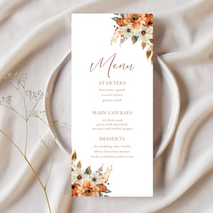 Plantilla descargable de menú de boda boho, menú de boda en terracota, menú de comida de boda con flores rústicas boho, menú de cena de recepción imprimible