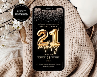 Editable 21st Birthday Party Invite Template, 21st Birthday Invites Digital, 21st Birthday Invitation for Her, 21st Party Digital Invite