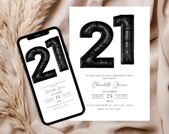 May include: A white invitation card with black text and a black balloon number 21. The text reads "Please join us for a birthday party honoring Charlotte James. Sunday, October 25, 2022 at 3 PM. At 123 Anywhere St. Any City, 12345. RSVP 123-456-7890."