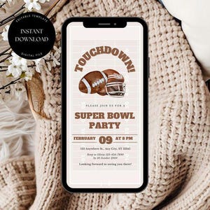 May include: A digital invitation for a Super Bowl party with a brown and white football graphic. The text reads "Touchdown!" and "Please join us for a Super Bowl Party". The date is February 09 at 8 PM. The address is 123 Anywhere St, Any City, ST 12345. RSVP to Olivie 123-456-7890 by 10 October 2024. The invitation ends with "Looking forward to seeing you there!"