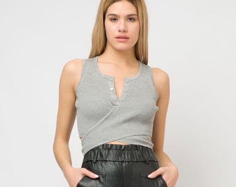 Aesthetic Ribbed V Neck Top/Women  Crop Top/Stretchy Ribbed Top With Back Binding