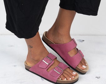 Handmade Leather Double Buckle Slide Sandals, Made in Greece