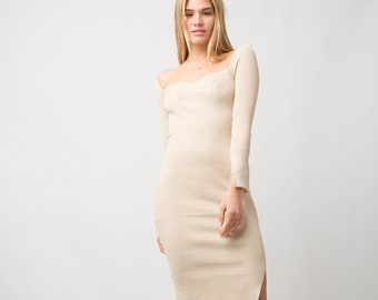 Elegant Square Neck Ribbed Beige Dress/dress Female Knited