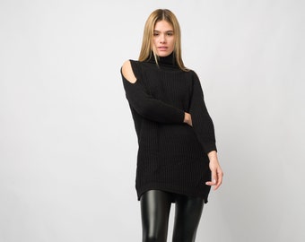 Black Turtleneck Open Shoulder Acrylic Blouse