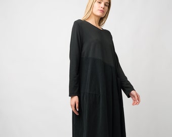 Oversized Cotton Black Dress/Plus Size Long Dress/Longsleeve winter dress/Comfy everyday dress/,Corduroy Black Dress.