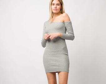 Open Shoulder Long Sleeve Dress/Grey Rib knit Cut Out Dress/Sexy Mini Dress