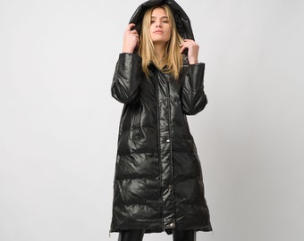 Zwarte rits capuchon regenjas / waterdichte eco lederen jas / hooded extra warme vrouwen jas