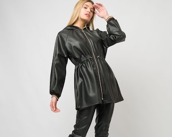 Black faux leather jacket.Fake leather zipper cape jacket