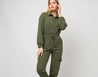 Lässiger langer Overall mit Taschen / grüner Baumwolllatzhose / locker sitzender Overall für Frauen