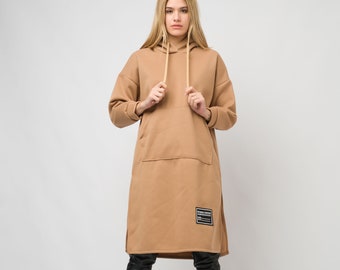 Hoodie Dress/Sweatshirt Dress/Beige Hoodie Dress/Sweater Dress/Women's Tunic Hoodie