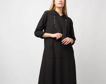 Oversized Cotton Maxi Black Dress/Plus Size Long Dress/Longsleeve winter dress/Plus size Cotton  dress