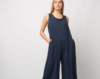 Blue Cotton Wide Leg Jumpsuit, Loose Fit Overall