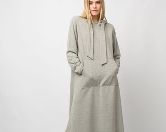 Oversized Baumwolle Maxi Grau Kleid/Plus Size Longsleeve Winterkleid/Plus Size Baumwollkleid