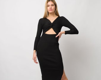 Bodycon Maxi Dress/Rib Catout Front Dress/Strech Black Floor Length Dress/Cut Out Dress/Long Sleeve Cocktail Dress