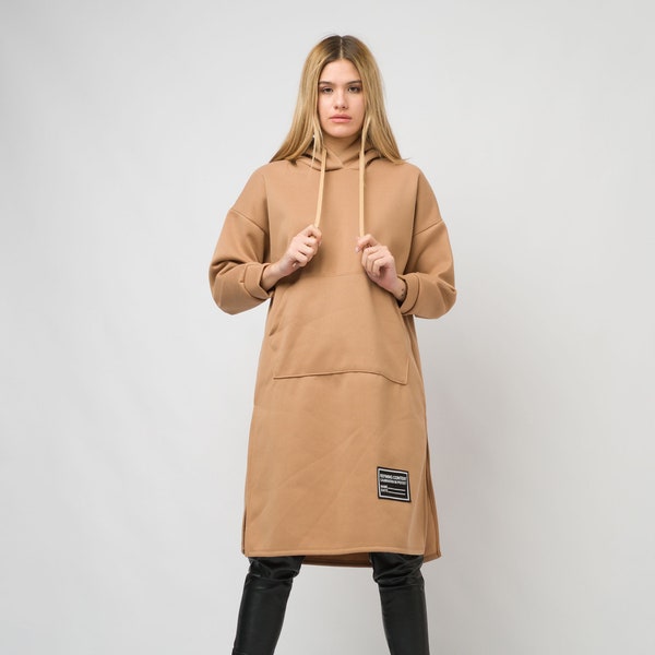 Hoodie Dress/Sweatshirt Dress/Beige Hoodie Dress/Sweater Dress/Women's Tunic Hoodie