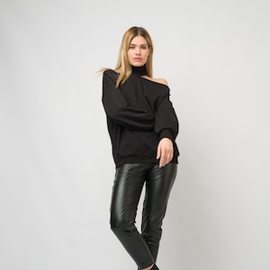 Black Off Shoulder Blouse/Long Sleeve Cut Out Shirt/Cold Shoulder Top