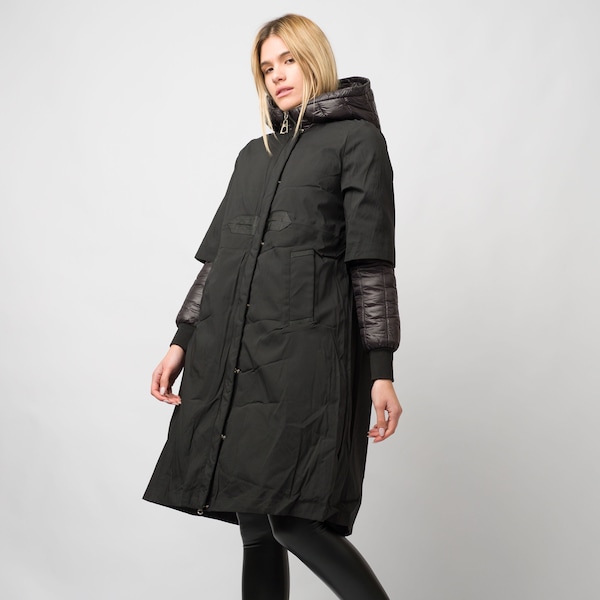 Schwarzer extra warmer Kapuzenmantel/wasserdichte Jacke/ extra warmer Kapuzenmantel Frauen/Oversize winddichter langer Mantel