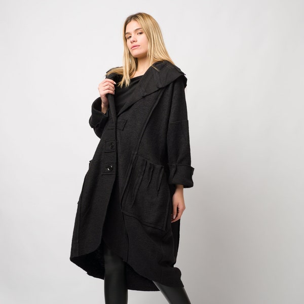 Manteau long en laine, manteau surdimensionné, pull long noir, manteau en tricot de laine, manteau tricoté femmes, manteau femmes, col haut chaud