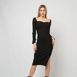 Elegant Square Neck Ribbed Black Dress/Dress Female Knited Side Slit/Bodycon Dress Long Sleeve