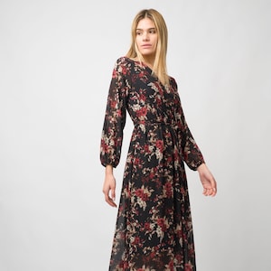Long sleeved black floral dress,Maxi dress,Loose styles,Dress for women