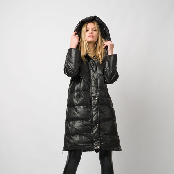 Imperméable à capuche à fermeture éclair noire / veste en cuir écologique imperméable / manteau pour femmes extra chaud à capuche
