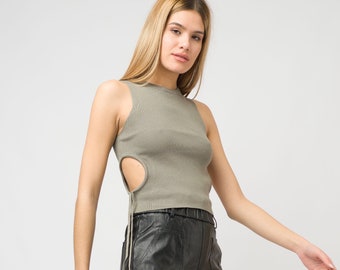 Rib Knit Crop Tank Gray Top/Cutout Slim Fit Top/Women Sexy Crop Top