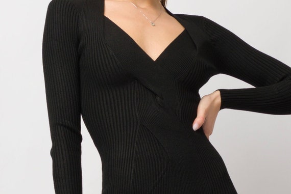Black Rib Knit Bodycon Dress, Long Sleeve Cut Out Mini Dress - Etsy