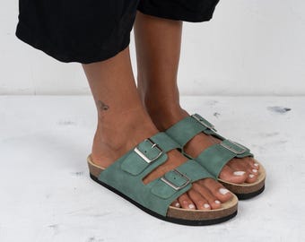 Handmade Greek Leather Double Buckle Slides, Summer Sandals