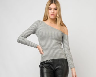 Gray Off Shoulder Blouse/Long Sleeve Cut Out Shirt/Cold Shoulder Top