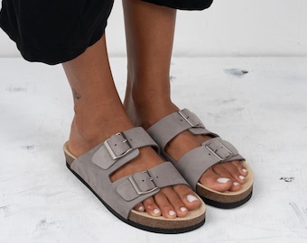 Handmade Leather Double Buckle Slides, Greek Sandals