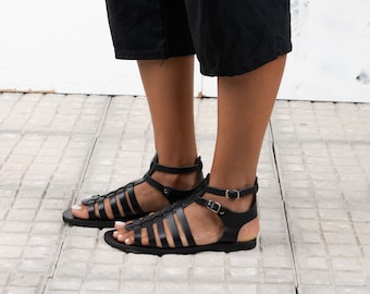 Sandalias griegas de cuero hechas a mano, estilo romano, de cuero genuino para mujer.