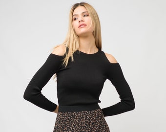 Aesthetic Ribbed Cutout Top/Women  Crop Top/Stretchy Nacked Shoulder Top