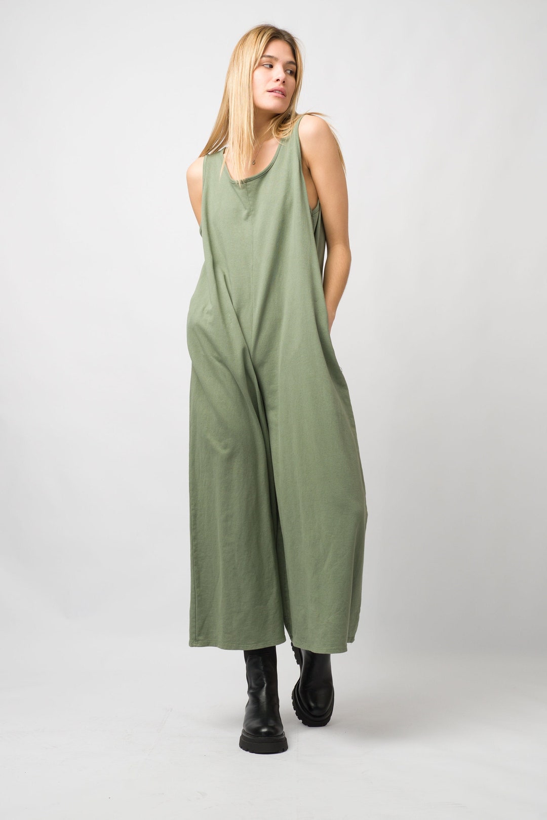 Side Slit Wide leg Jumpsuit- Olive main image 1