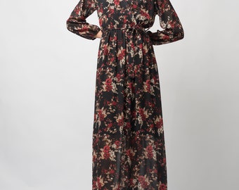 Robe à Manches Longues Fleurs Rouges Sur Noir - Taille M, Polyester, Style Évasé
