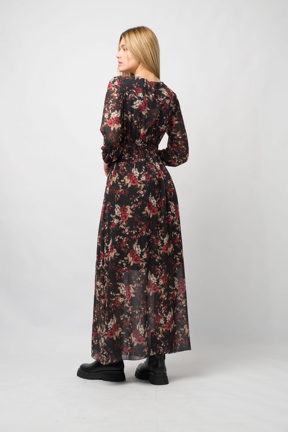Long Sleeved Black Floral Dress,maxi Dress,loose Styles