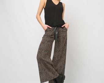 Pantalon noir et blanc,Pantalon à jambes larges,Pantalon Maxi,Pantalons de poche,Pantalons pour femmes surdimensionnés,Pantalon taille plus