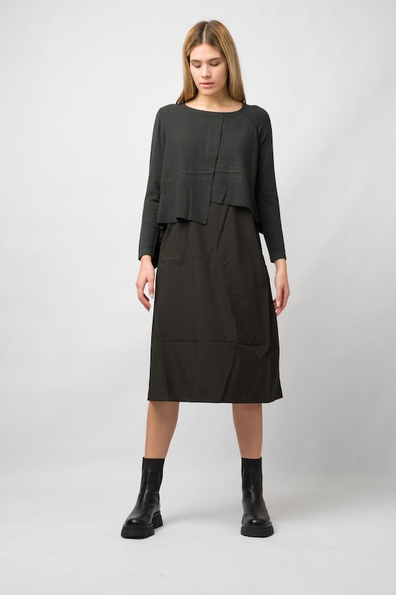 Oversized Midi Dress: Black and Khaki, Long Sleeve Polyester - Etsy
